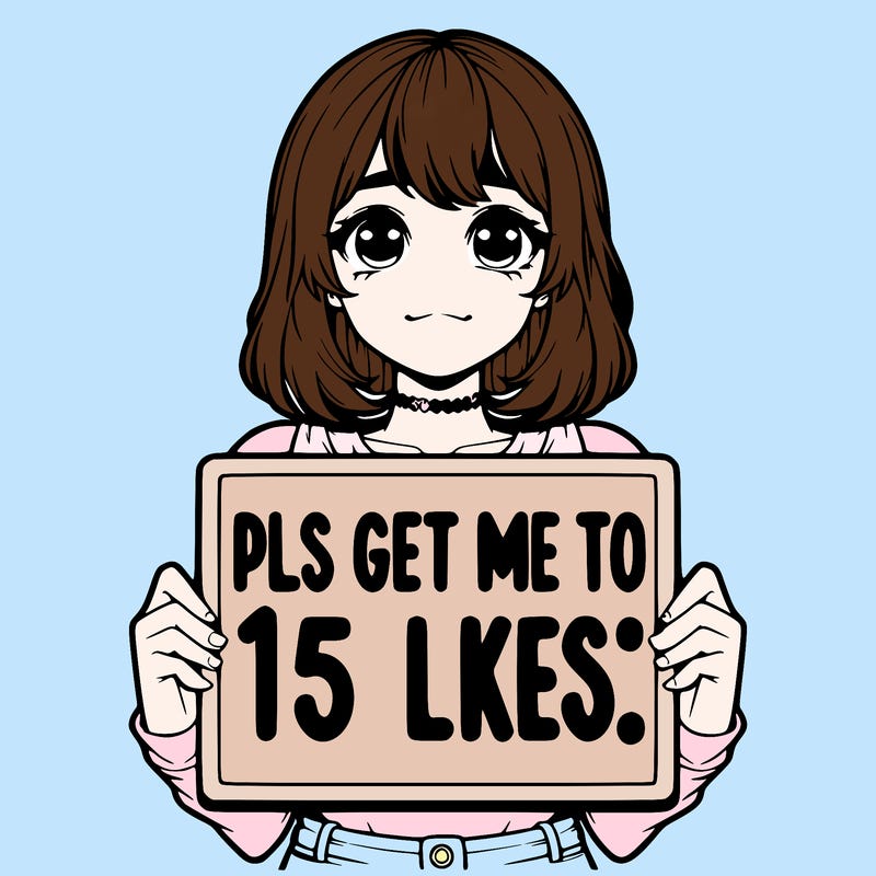 realistic girl holding up a sign that says “pls get me to 15 likes!”