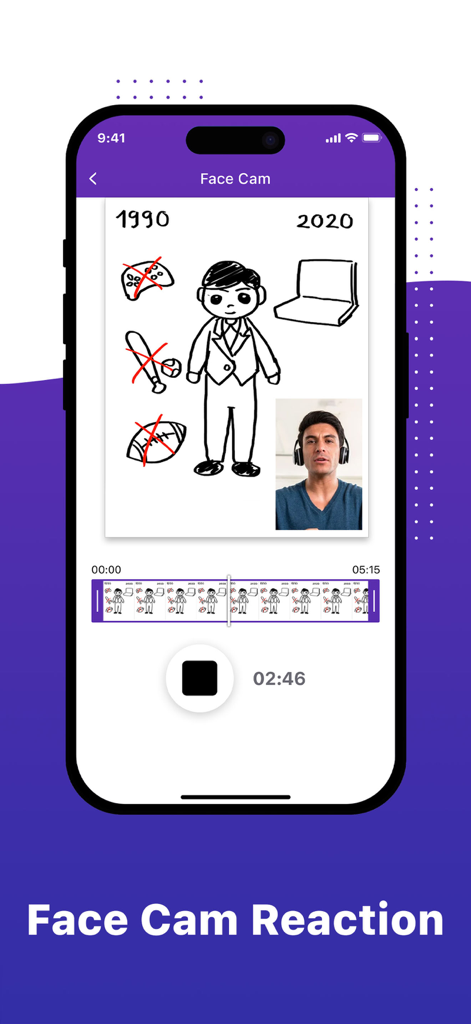 Screen recorder: Record now! - Interfaz de aplicación de grabadora de pantalla para iPhone que presenta una ventana de reacción de Facecam sobre una ilustración digital
