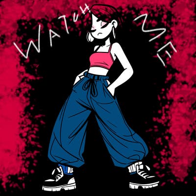 girl in baggy pants crop top and long hair