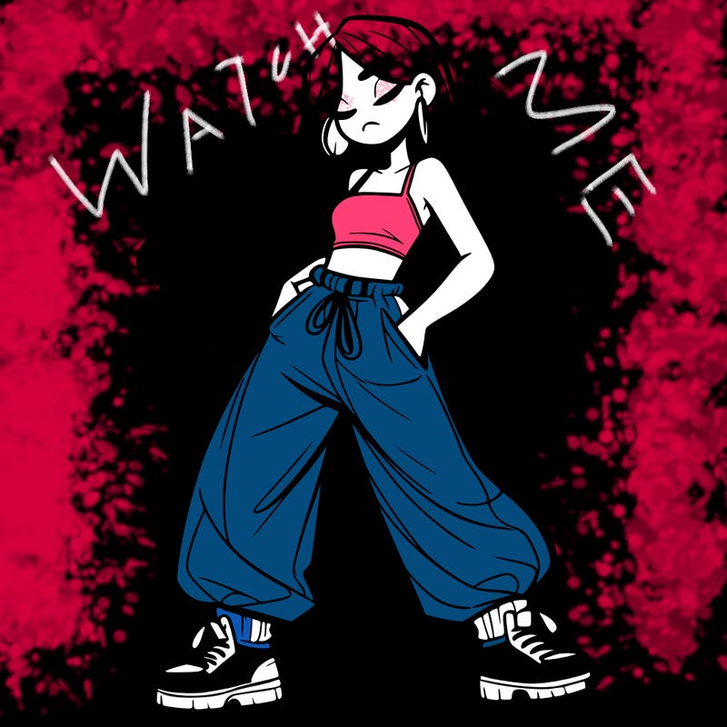 girl in baggy pants crop top and long hair