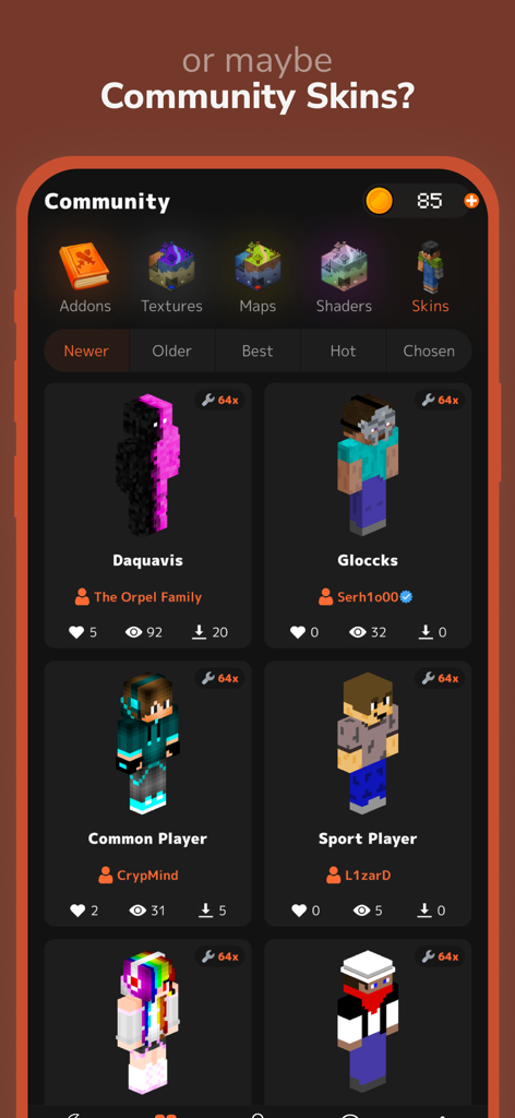 Interface showing a collection of community created character skins for Minecraft Pocket Edition