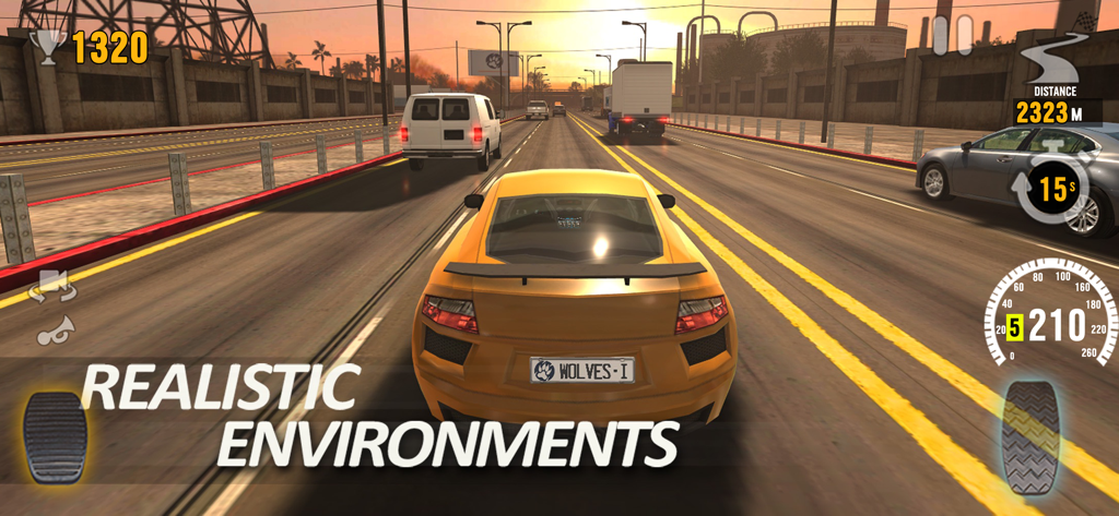 A yellow sports car driving on a multi-lane highway at sunset in Traffic Tour Car Fury game.