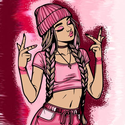 realistic teenage girl with braids and a beanie and crop top doing 🫶🏼