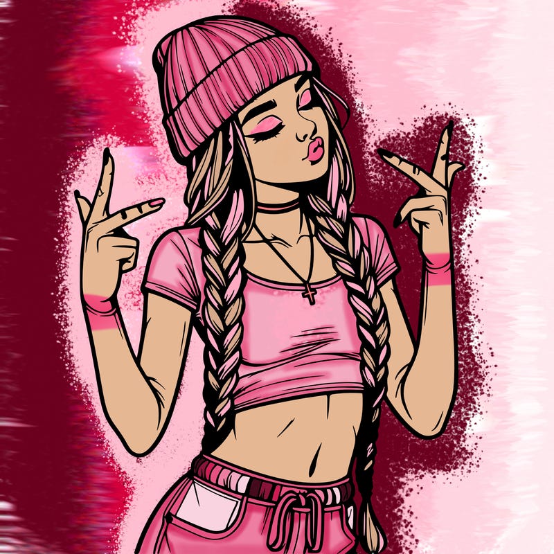 realistic teenage girl with braids and a beanie and crop top doing 🫶🏼