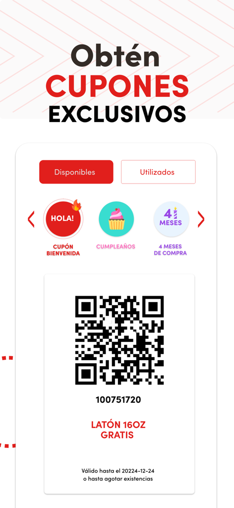 Suma Six - Pantalla de la aplicación Suma Six mostrando cupones de recompensa exclusivos y un código QR para una bebida gratuita de 16 oz.