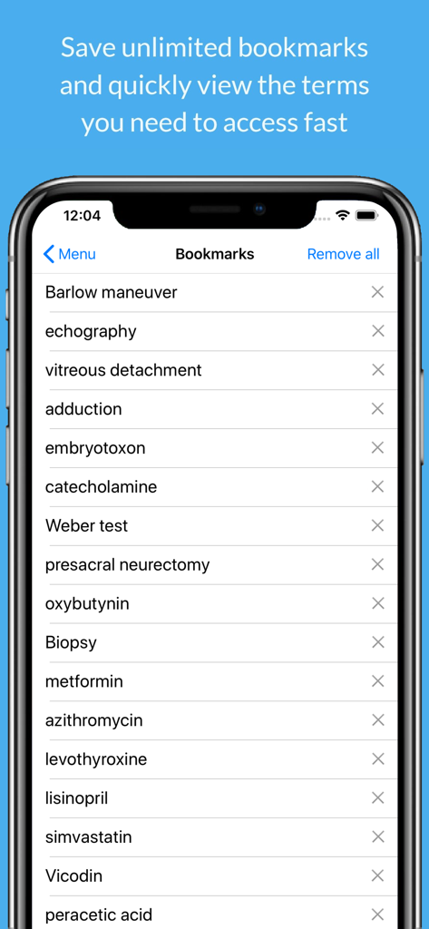 Nursing Dictionary by Farlex - The bookmarks feature in the Nursing Dictionary app showing a list of saved medical terms and drugs for quick reference.