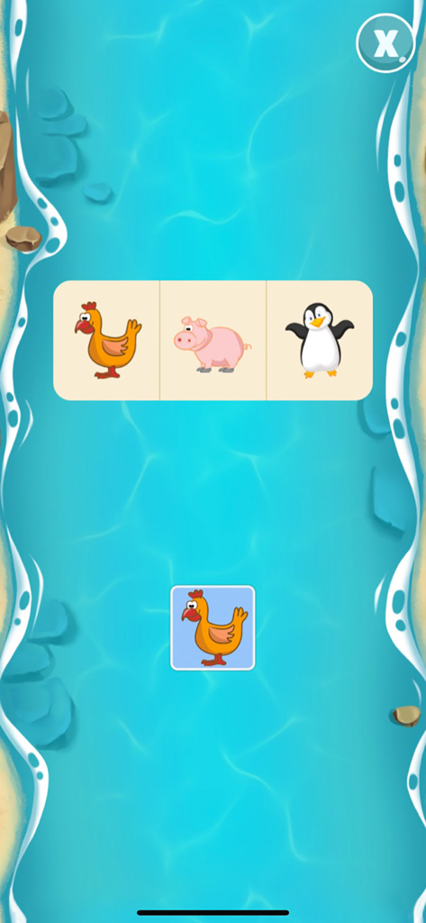 Baby Games: Boat for Kids - A toddler educational game screen showing animal matching with a chicken, pig, and penguin.