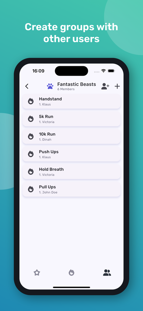 Personal Best - Record Tracker - Oberfläche der Personal Best App, die eine Bestenliste für Gruppenrekorde im Fitnessbereich mit mehreren Aktivitäten zeigt