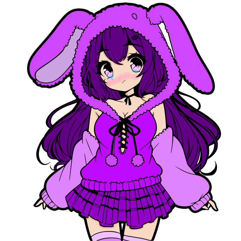 pretty anime girl wearing a fluffy hoodie with bunny ears on the hood and a skirt
