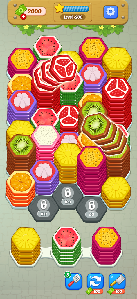 Color Hexa Master: Sort Puzzle - Gameplay of Color Hexa Master featuring colorful fruit themed hexagon stacks for sorting