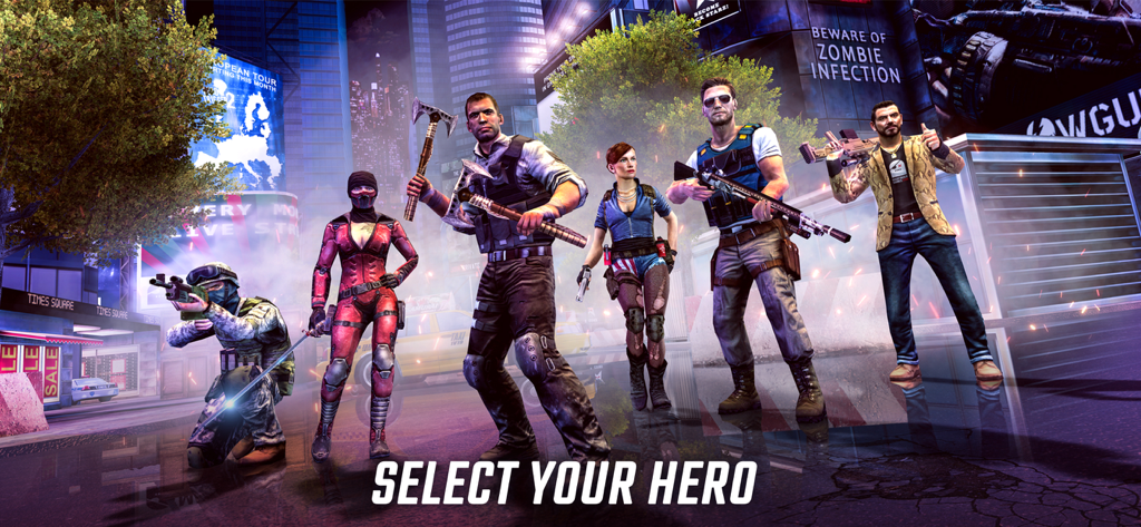 Hero selection screen featuring six unique characters with weapons in a New York City setting