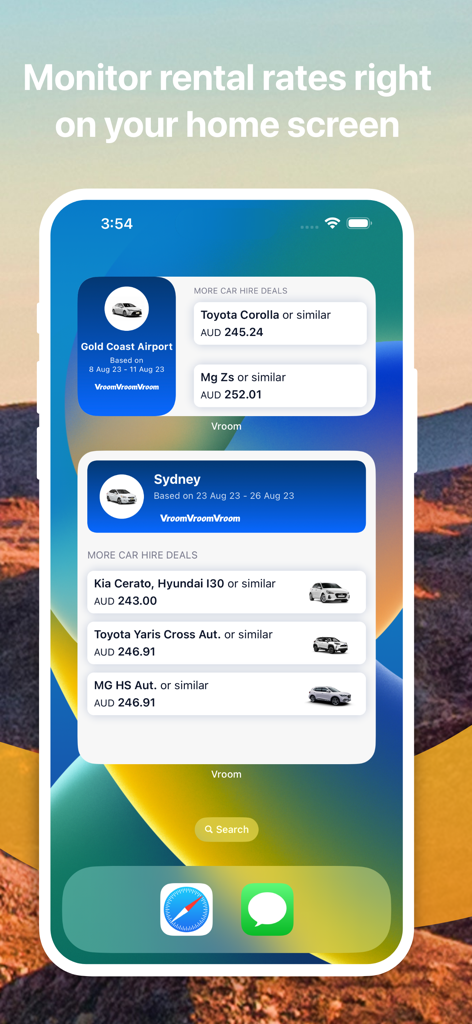 VroomVroomVroom 렌터카 가격 모니터링 위젯을 표시하는 iPhone 홈 화면
