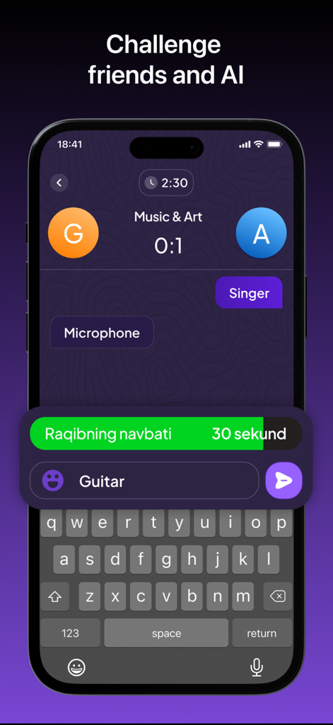 Zehnly AI - Aplicación móvil Zehnly AI que muestra la interfaz de un juego de Batalla de Palabras donde los jugadores compiten para nombrar objetos en las categorías de Música y Arte