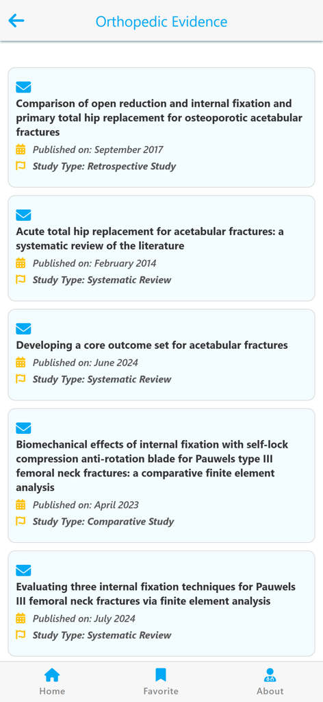 Tela de aplicativo móvel exibindo uma lista de estudos clínicos ortopédicos com títulos e datas de publicação