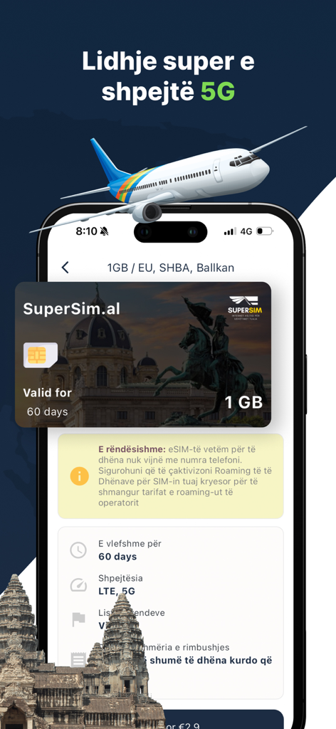 Schermata dell'app SuperSim che mostra un piano eSIM 5G da 1 GB per viaggi internazionali con un aereo e un punto di riferimento sullo sfondo.