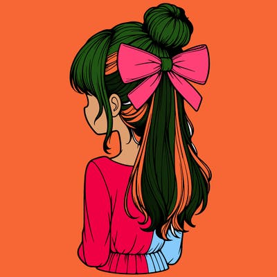realistic girl  with hip length hair a bun and a big bow on the back of head
