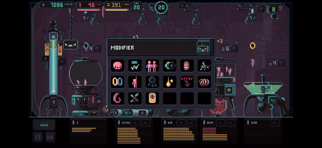 Despotism 3k - Despotism 3k game screenshot displaying the modifier selection window and pixel art resource management interface
