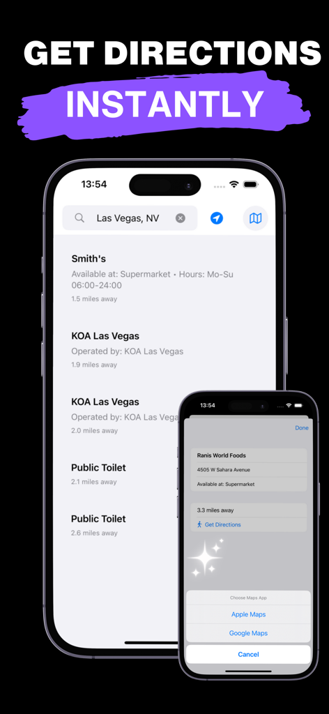 Toilet Finder app interface showing a list of restrooms in Las Vegas and options to get directions with Apple or Google Maps