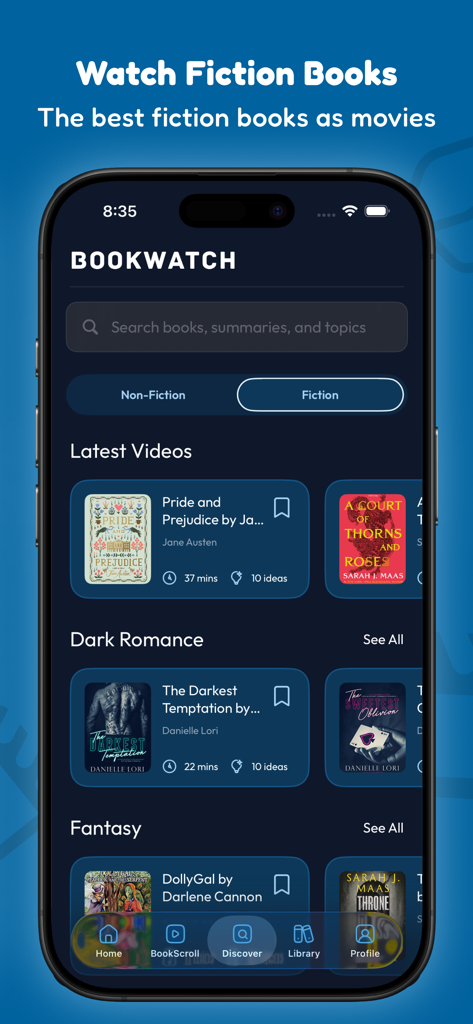 Una captura de pantalla de la interfaz de la aplicación BookWatch que muestra varias categorías de libros de ficción como Romance Oscuro y Fantasía para resúmenes de video.