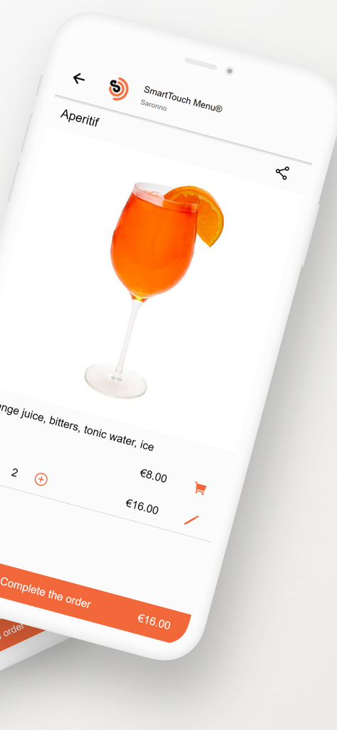 SmartTouch Menu app screen showing a digital menu with an orange cocktail and order total