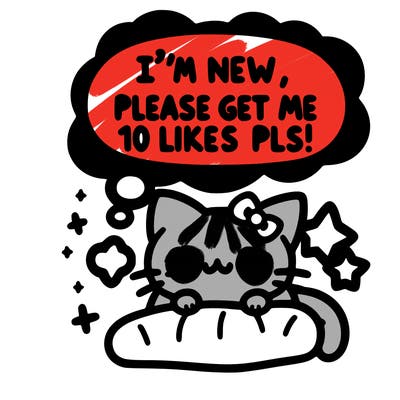 kitty taking a nap dream talking and saying "i'm new, please get me at least 10 likes pls!!"