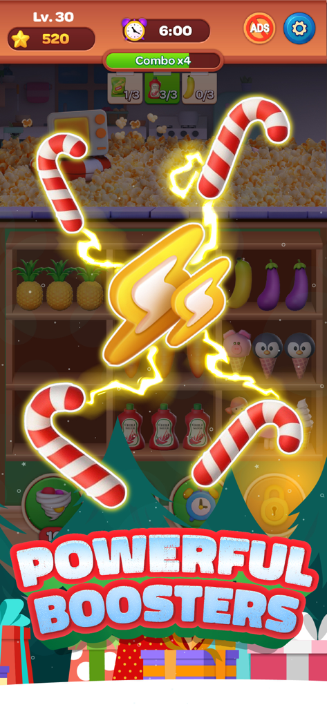 Triple Minded: 3D Sorting Game - Triple Minded 3D sorting game gameplay showing powerful boosters and candy cane items