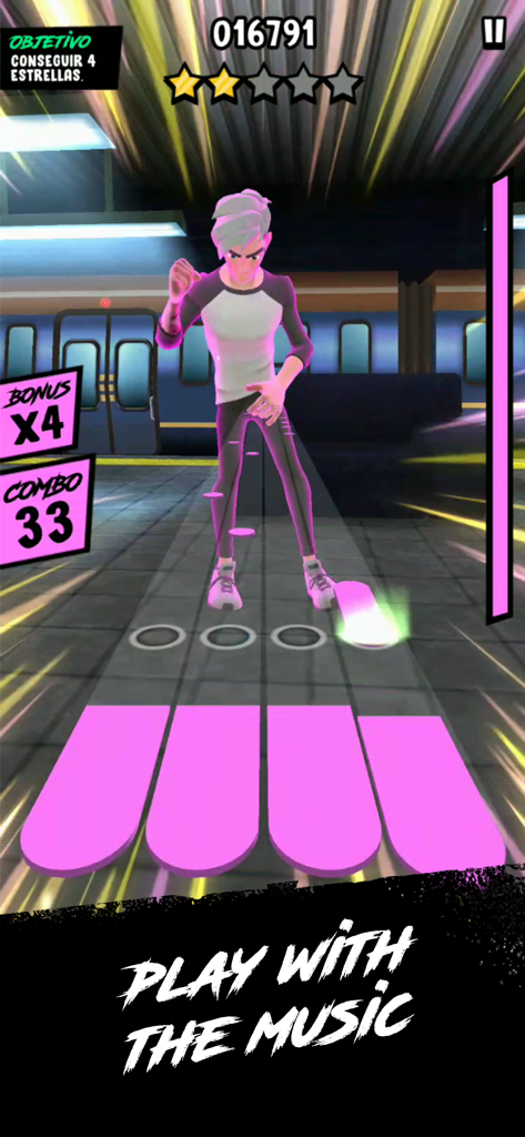 LIT killah: The Game - Rhythm gameplay screenshot of LIT killah game with an avatar and pink music notes on a subway platform