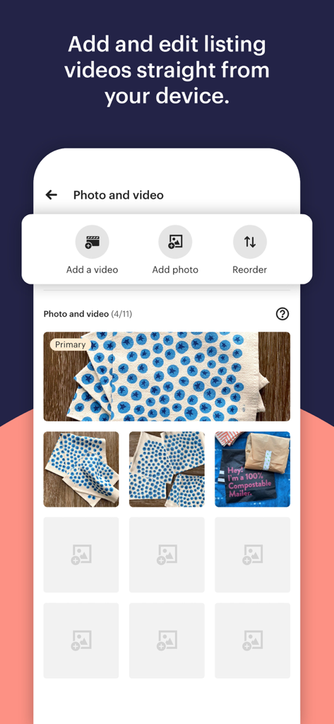 Etsy Seller: Manage Your Shop - Oberfläche zur Verwaltung von Produktfotos und Videos in der Etsy Verkäufer-App