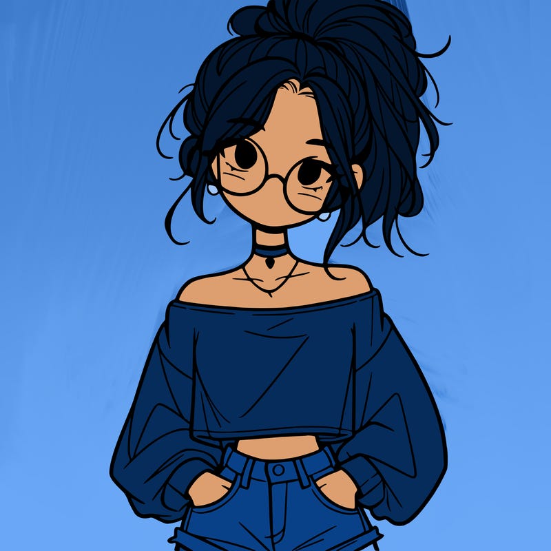 girl with a messy ponytail glasses a baggy crop top and jean shorts