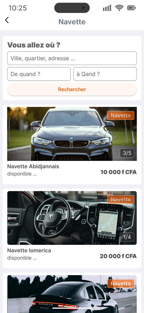 Screenshot of the Loomi app shuttle search screen with car rental listings and prices