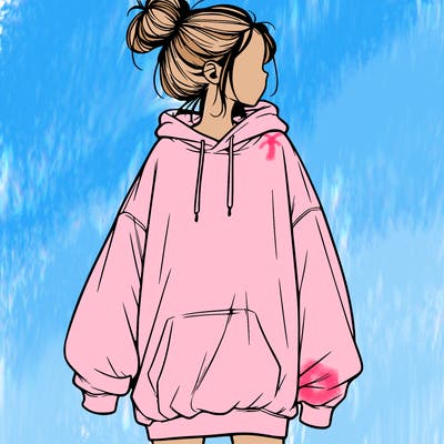 realistic girl with a oversized sweatshirt on and a bun
