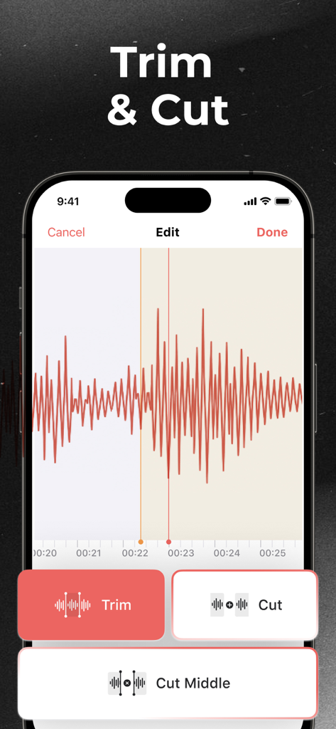 Mobile interface showing trim and cut options for audio recordings with a red waveform