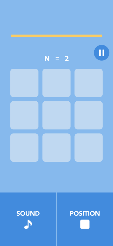 Dual N-Back: Brain-Training - グリッドとサウンドおよび位置ボタンを示すミニマリストDual N-Back脳トレインターフェース