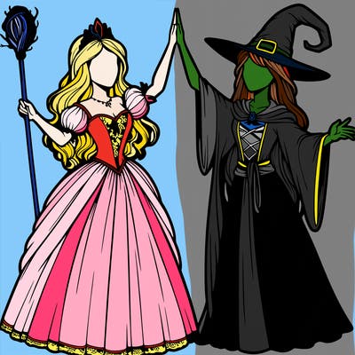 detailed realistic split of a princess and a witch
