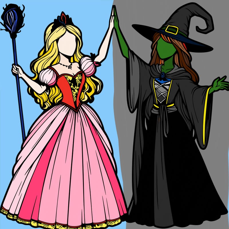detailed realistic split of a princess and a witch