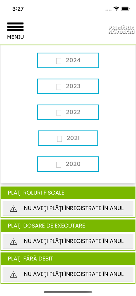 eTax Năvodari - eTax Navodari app screen showing payment history and status by year