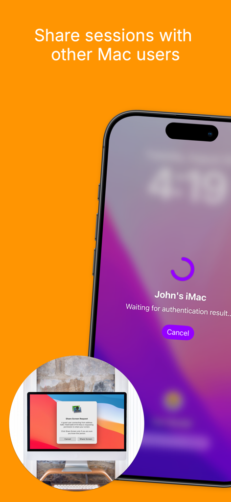 Screens for Organizations - iPhone interface showing a remote session request to share a Mac screen