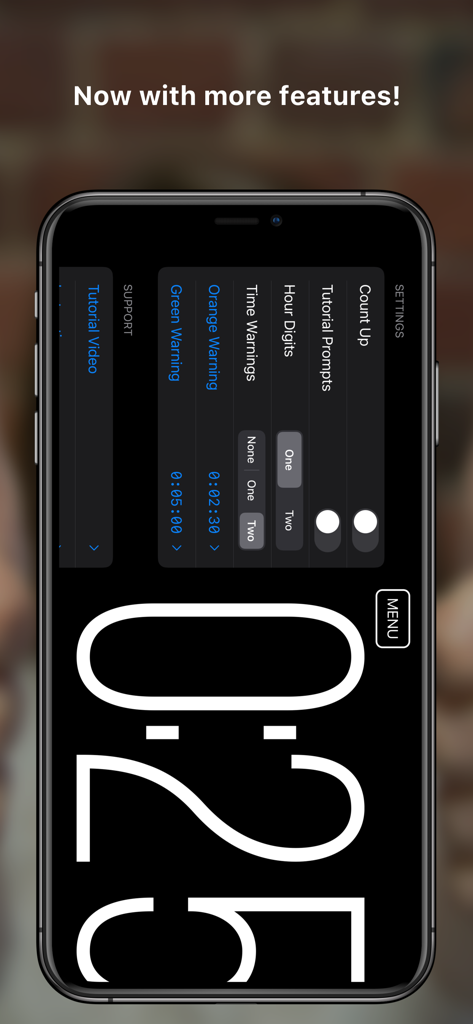 Silent Touch Timer - Settings menu of the Silent Touch Timer app showing visual warning and customization options