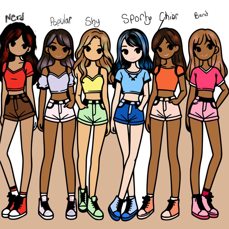 a group of girls wearing crop tops and shorts