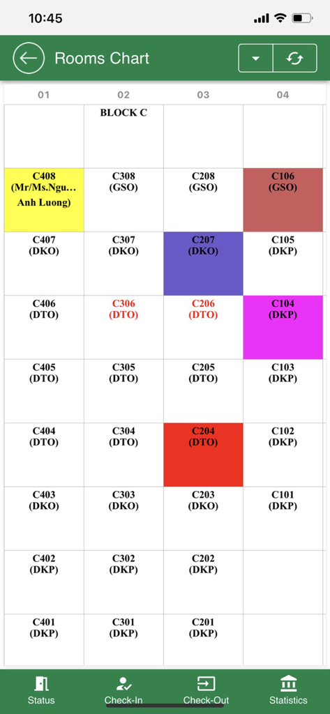 GiHoTech Front Office - Echtzeit-Zimmerstatus-Raster und Verwaltungsdiagramm in der GiHoTech Front Office-App