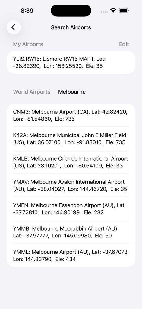 VNAV Guide - Une liste de résultats de recherche d'aéroports avec des coordonnées géographiques et des données d'altitude dans l'application Guide VNAV