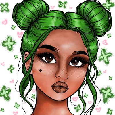 realistic girl with two buns on her hair and lips