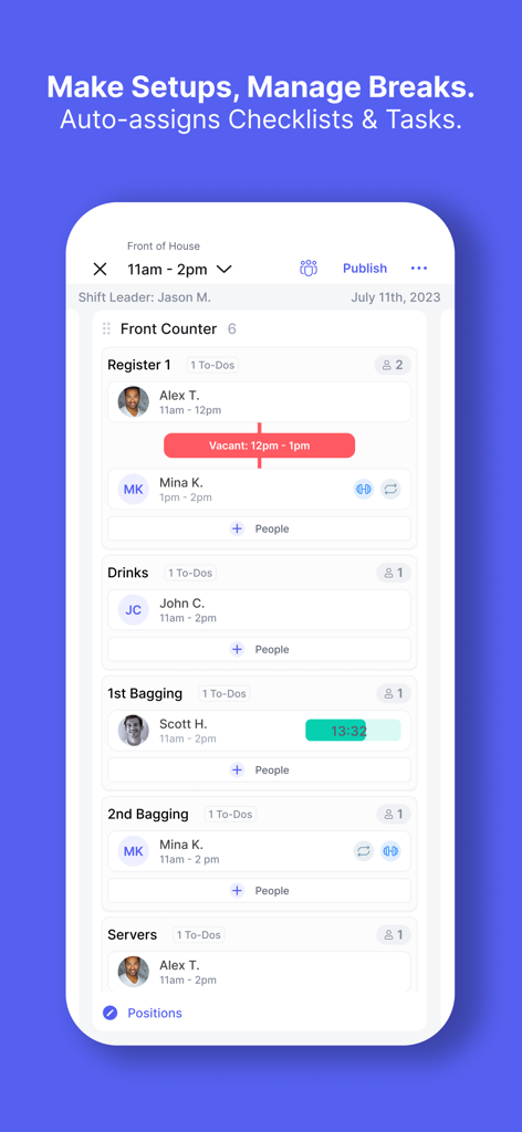 VSBL app interface for organizing restaurant staff shifts and task assignments