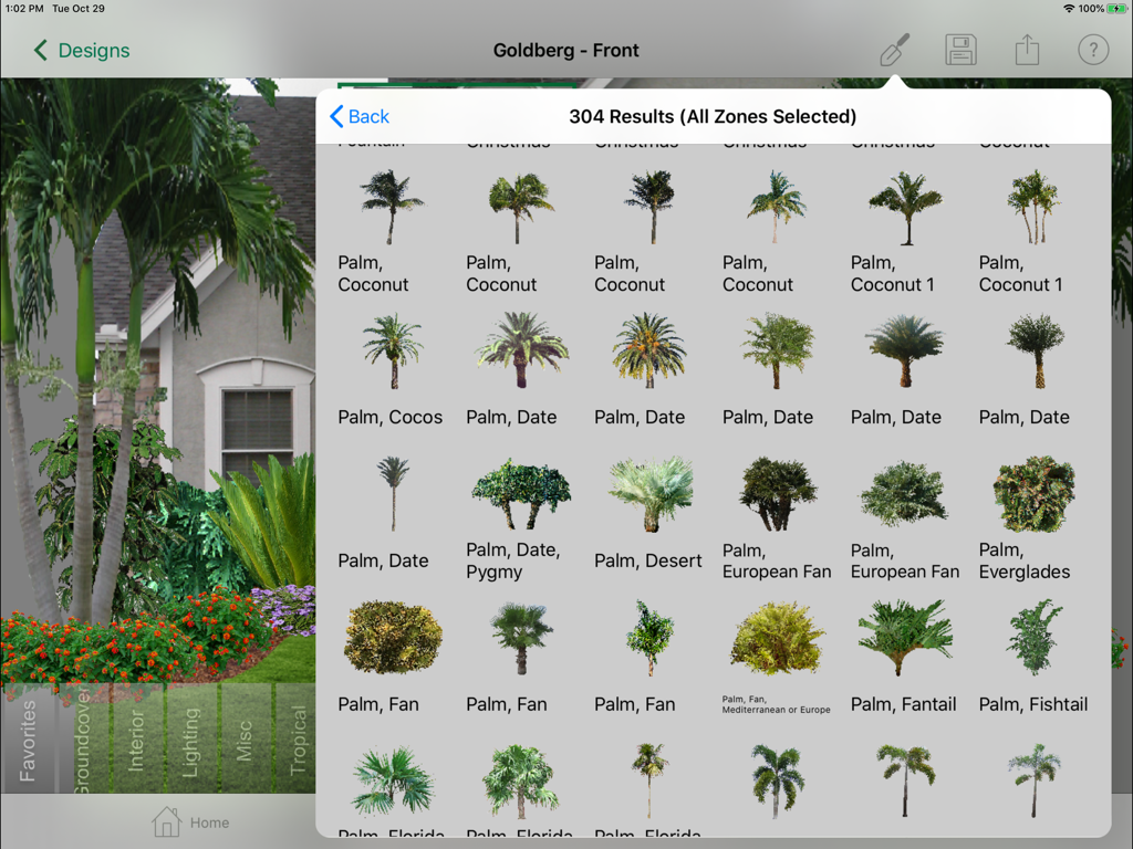 PRO Landscape Companion plant library showing palm tree options for professional landscaping design