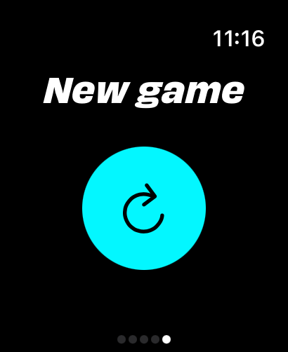 Apple Watch interface for the Padel Score Tracker app showing the New game start screen with a large cyan button