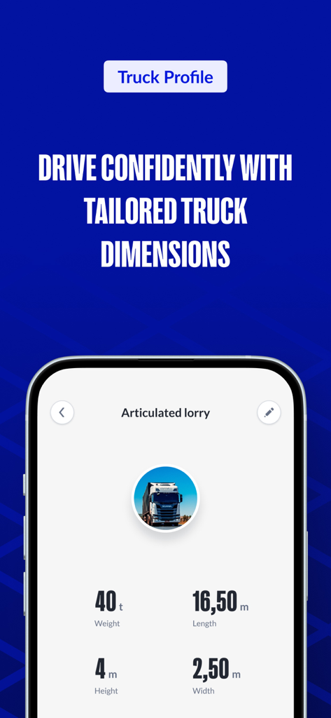 LKW.APP mobile screen displaying articulated lorry profile with custom dimensions for weight length height and width