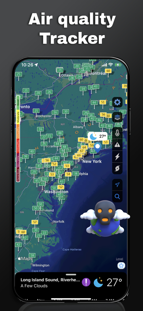 Air quality tracker map for the US East Coast showing AQI levels and a pollution indicator icon.