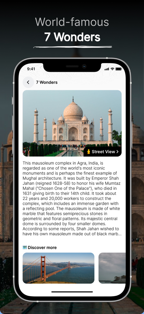 Live Earth Map - Live Camera - Uma tela de aplicativo móvel apresentando o Taj Mahal como parte de um tour das 7 maravilhas mundialmente famosas.