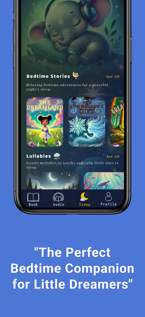 Bambu: Bedtime Stories & Books - Bambu app home screen showing bedtime stories and lullabies for kids with an illustrated sleeping elephant