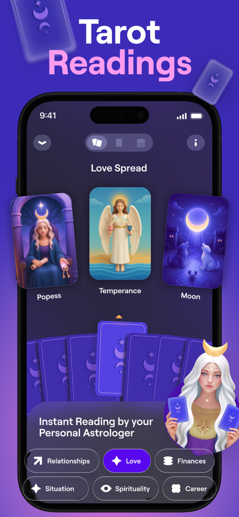 A screenshot of the Moonly app showing a Tarot Readings interface with a Love Spread featuring Popess, Temperance, and Moon cards.